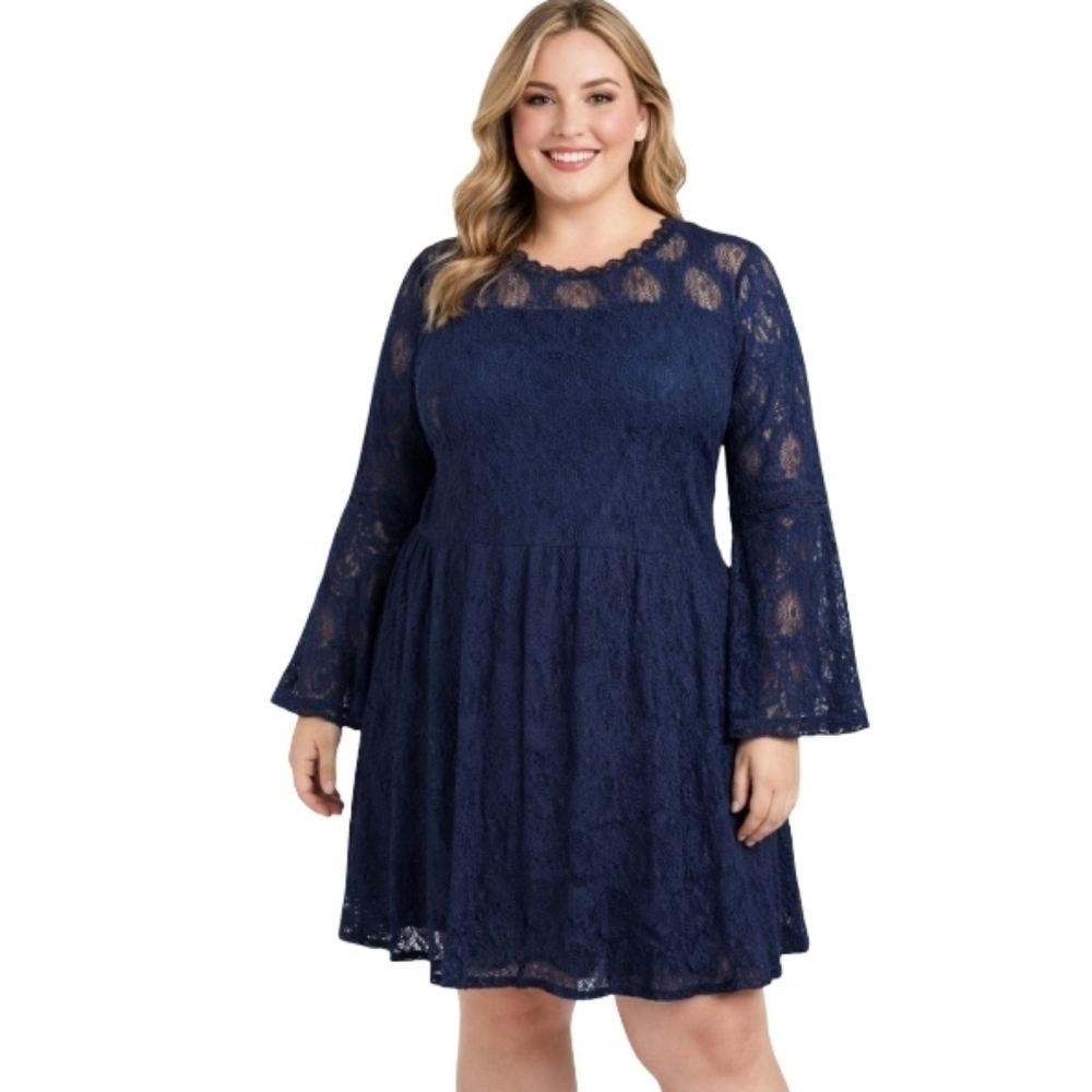 Xhilaration XXL Navy Lace Long Sleeve Dress Scallop Neck Lined Elegant‎